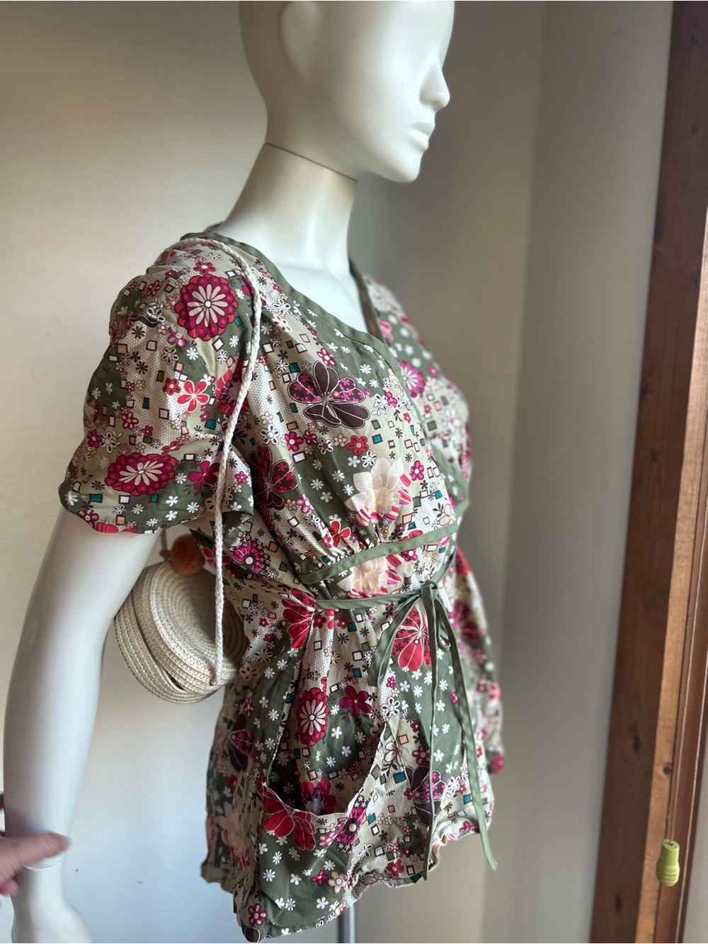 cottonality M Floral Wrap Tunic Dress in Olive Green and Pink scrub